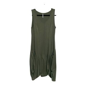 Nyah Dress Womens Medium Olive Green Lagenlook Minimalist Boho Pockets Stretch
